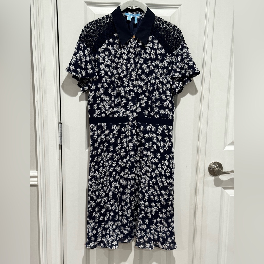 Draper James Cloister Navy Floral Shirt Dress Silk And Fully Lined Sz 6